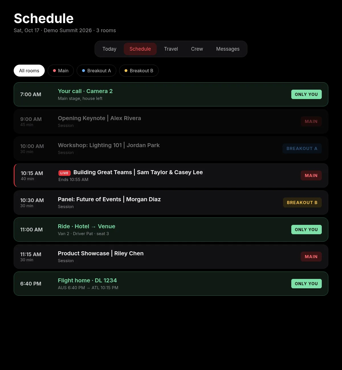 The whole day. In one list. — ProdSquad schedule screenshot